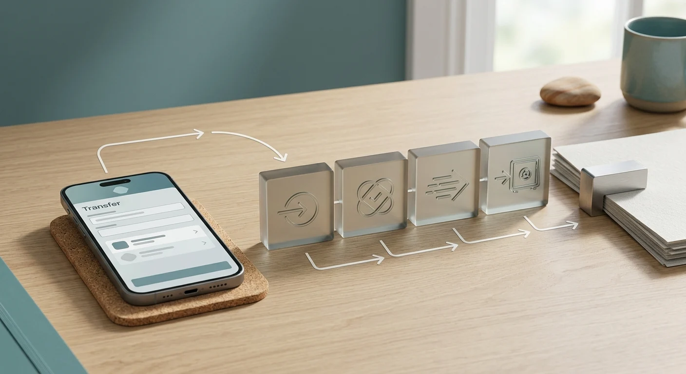 Concept illustration of an Australian account-to-account payment flow using AUD, a phone and bank transfer symbols