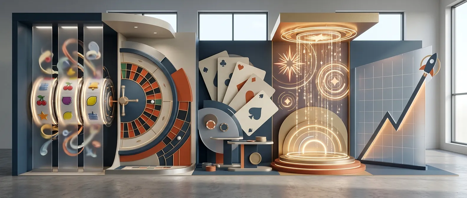 Editorial collage representing online pokies, blackjack, roulette, jackpots and crash games without copied game artwork or brand logos