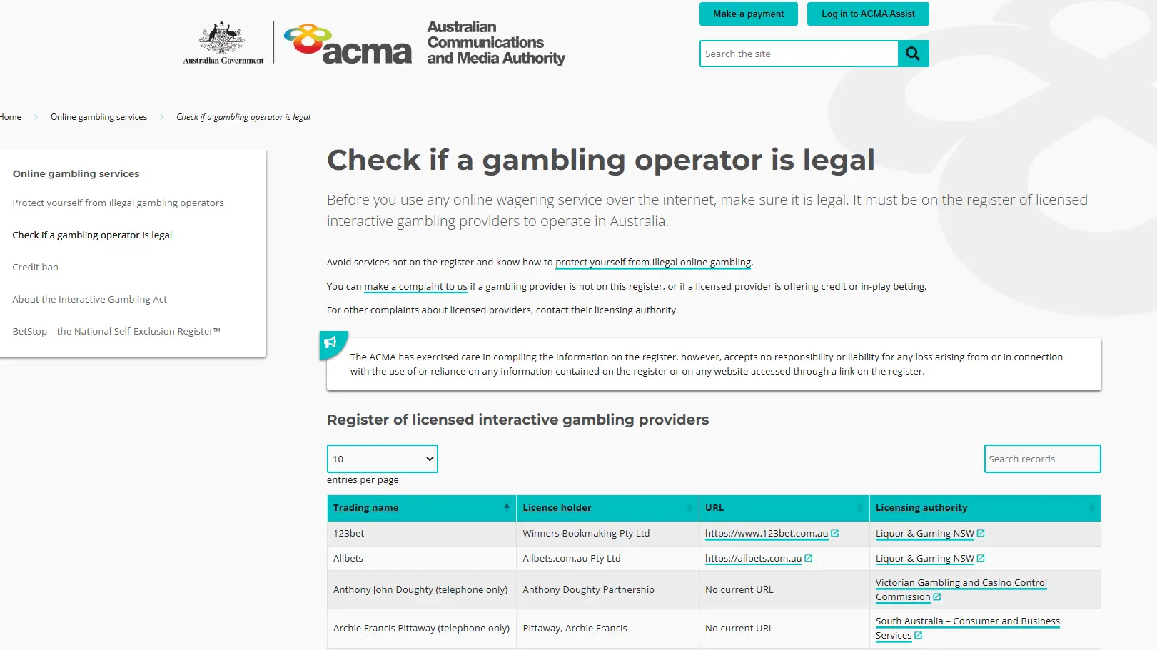 ACMA page used to check whether a gambling operator is licensed to operate in Australia