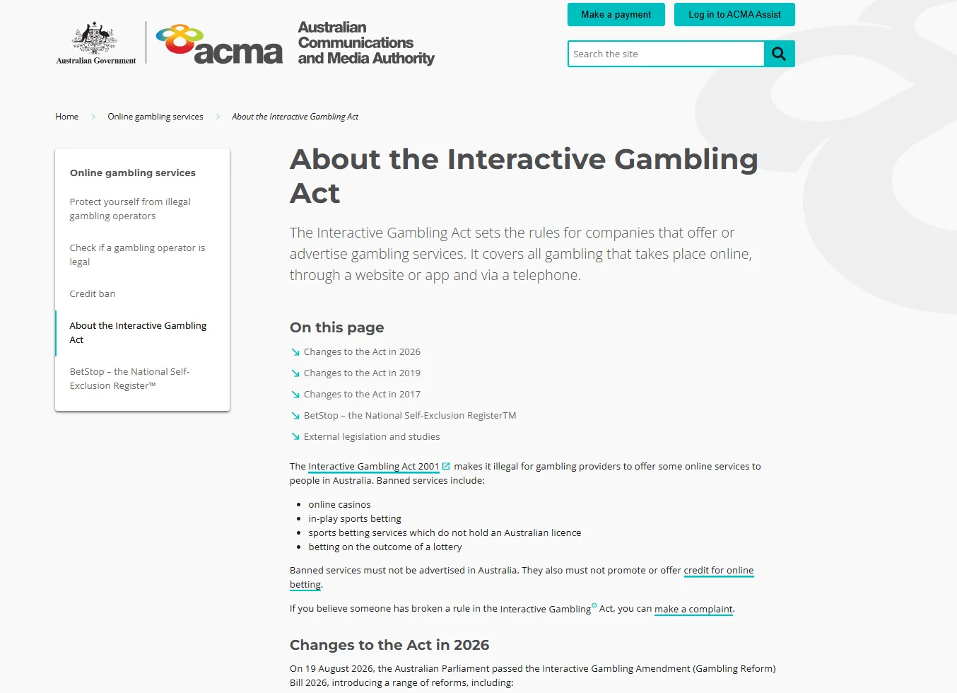 ACMA Interactive Gambling Act page showing banned online casino services and the 2026 reform section